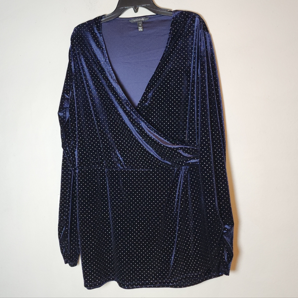 Long Tall Sally Blue Velvet Embellished Long Sleeve‎ Surplice Faux Wrap Top XL